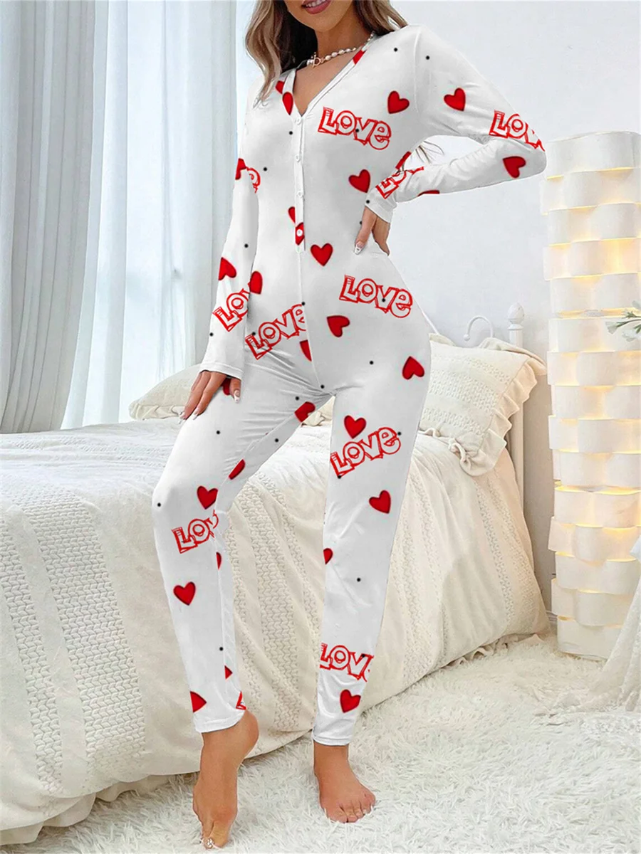 2024 Valentine\'s Day Sleepwear Jumpsuit Long Sleeve Butt Flap Romper Women V-neck Heart Letters Print 1 Piece Lounge Nightwear