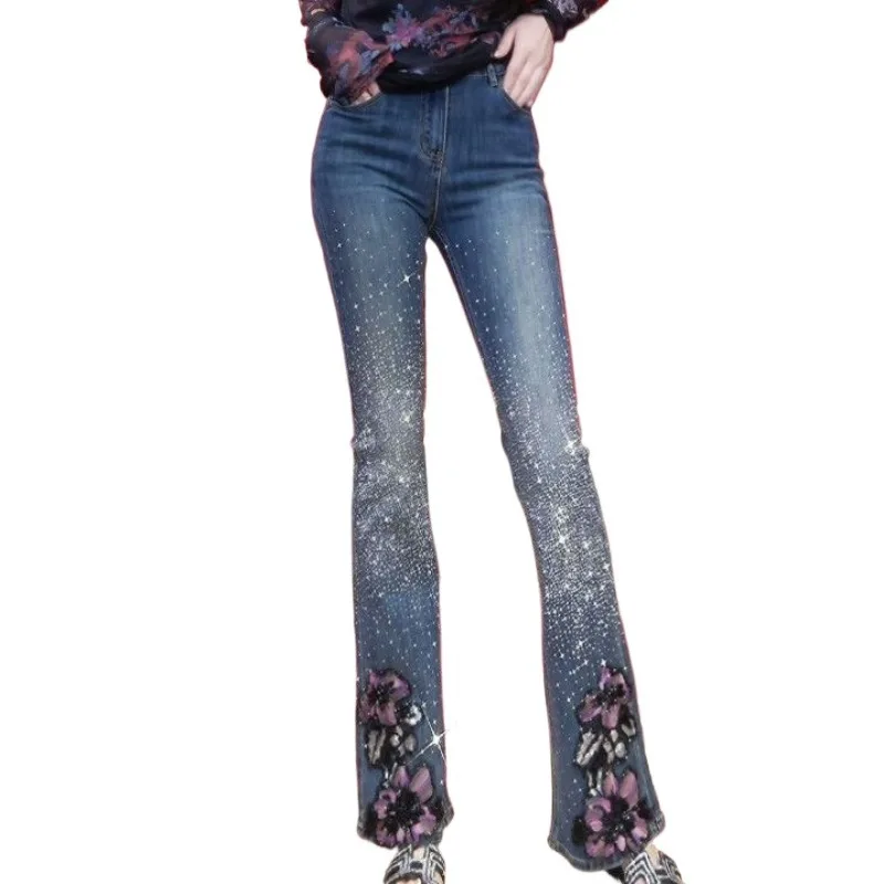 

2026 New Embroidery Heavy Industry Hot Brick Spring Fall Micro-pull Jeans Female Slim-fit High-waisted Thin Flared Pants Elastic