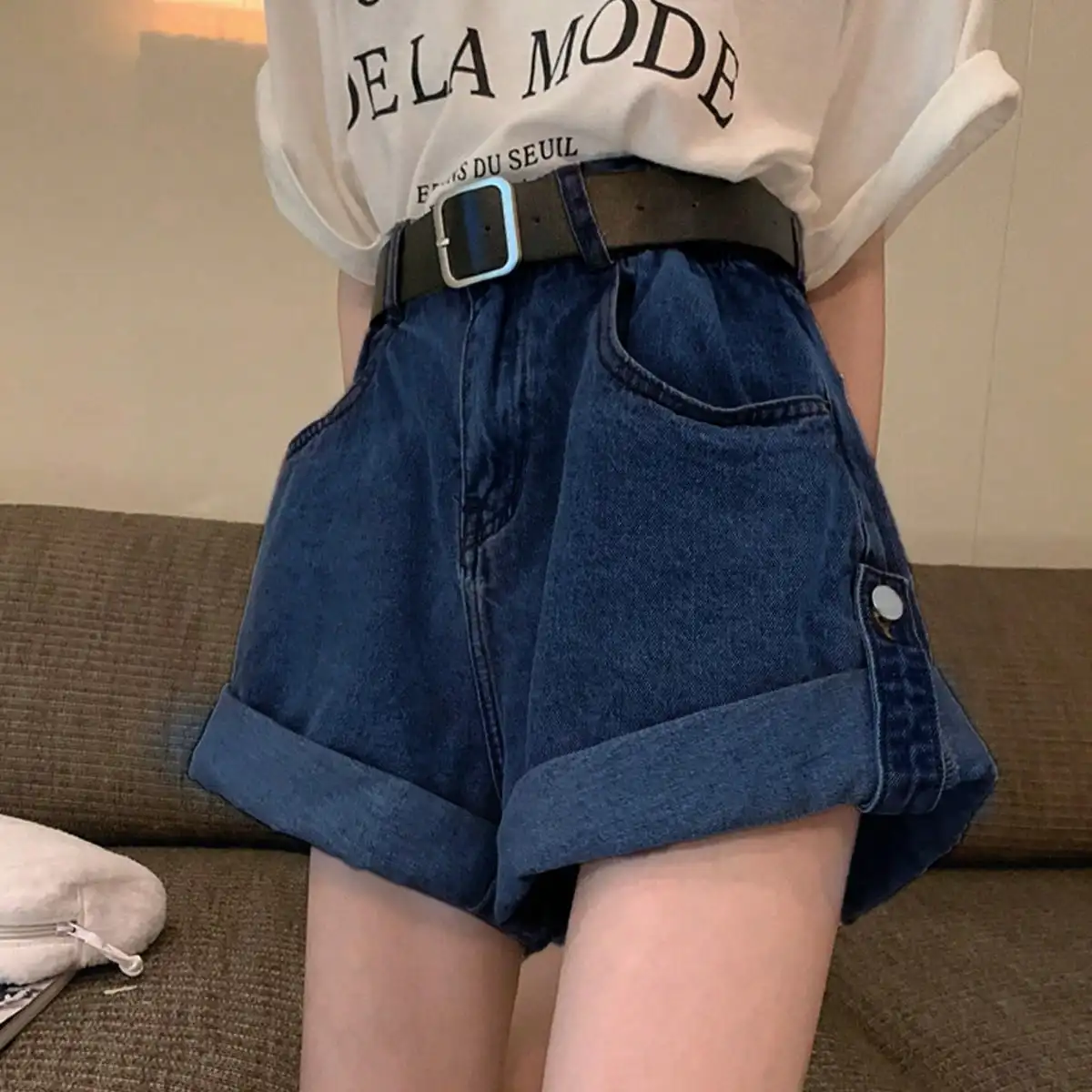 Korean Chic Summer Hong Kong Style Casual Versatile Curled Denim Hot Pants Small Fashion High Waist Wide Leg Shorts for Women