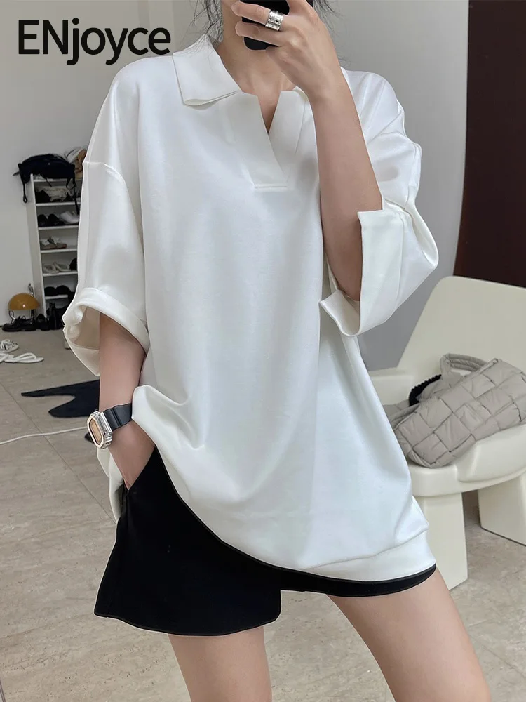 

ENjoyce Summer Women Street Style White T-shirt Ladies Korean Fashion Solid Color Tees Casual T-shirts Half Sleeve Tops