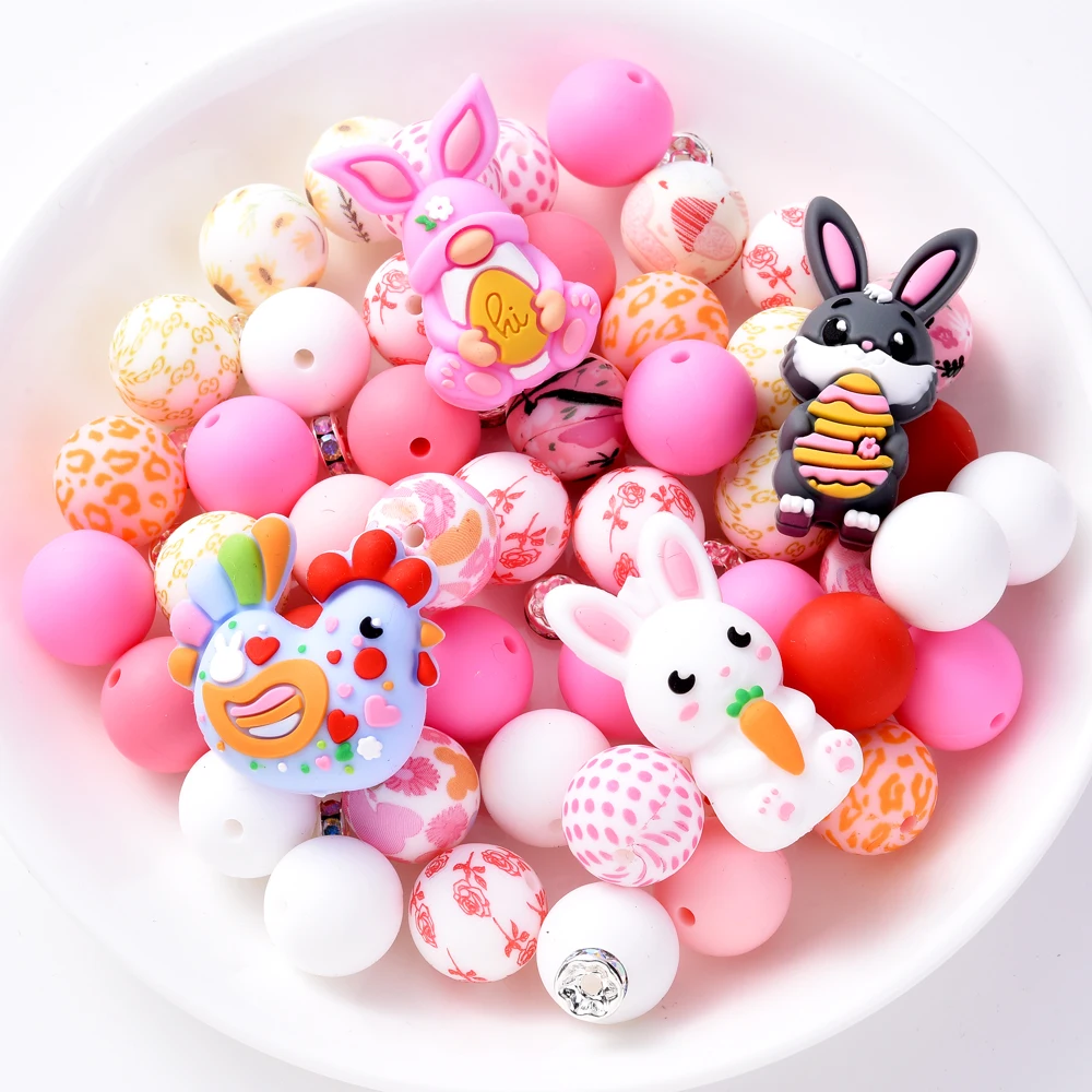 

28Pcs Silicone Beads Set Round Rabbit Animal Shape Teether Focus Beads for DIY Pacifier Chain Clips Dummy Holder Accessories