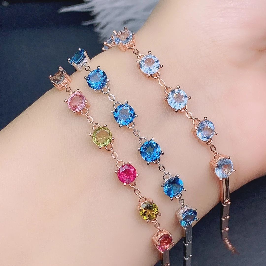 

925 Sterling Silver Pure Natural Topa Stone Tourmaline Stone Aquamarine Bracelet exquisite women's exquisite jewelry luxury