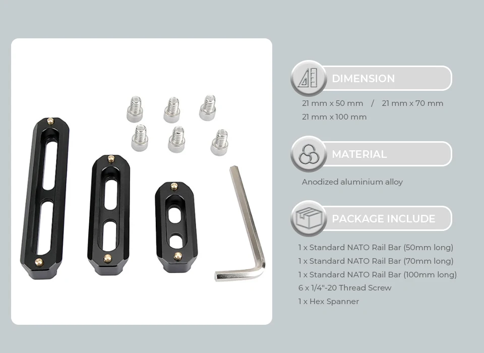 Barra de trilho NATO de segurança de liberação rápida para câmera HDRIG DSLR com parafusos de 1/4 ''para alça NATO EVF Attach