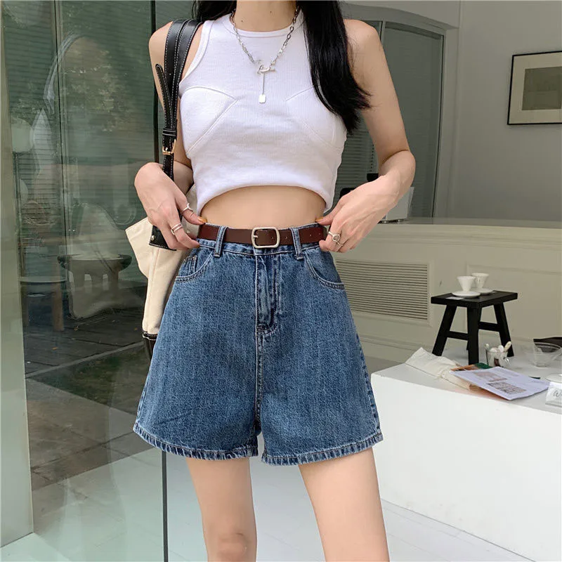 صيف جديد عالية الخصر شورت جينز المرأة الكورية عادية فضفاض غسلها الدنيم السراويل تنوعا زر جيوب واسعة الساق سراويل قصيرة #5