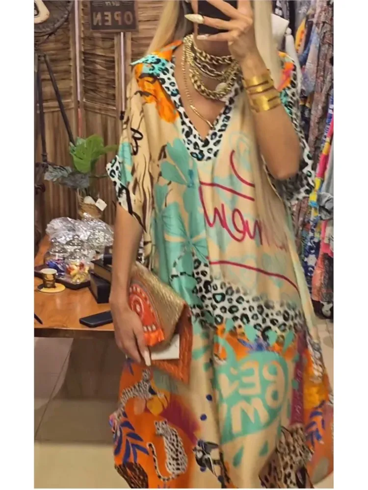 Abito camicia con stampa colorata leopardata di moda 2025 Abiti lunghi drappeggiati larghi con scollo a V Abiti estivi da donna a maniche corte