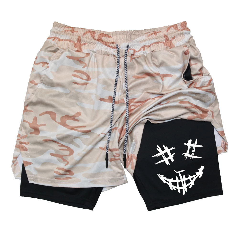 

Men's Smiley Face Printed Athletic Shorts Summer Lightweight Quick Drying Drawstring Shorts Double Layered With Towel Buckle