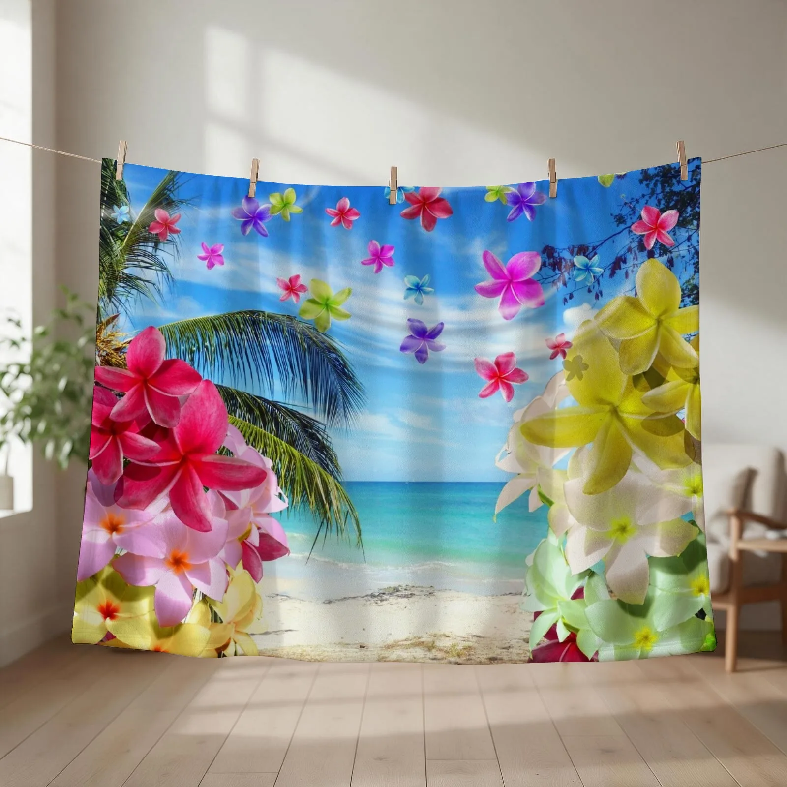Tropical Beach and Exotic Plumeria Flowers Throw Blanket Quilt Retros Cute Plaid Thermals For Travel Blankets