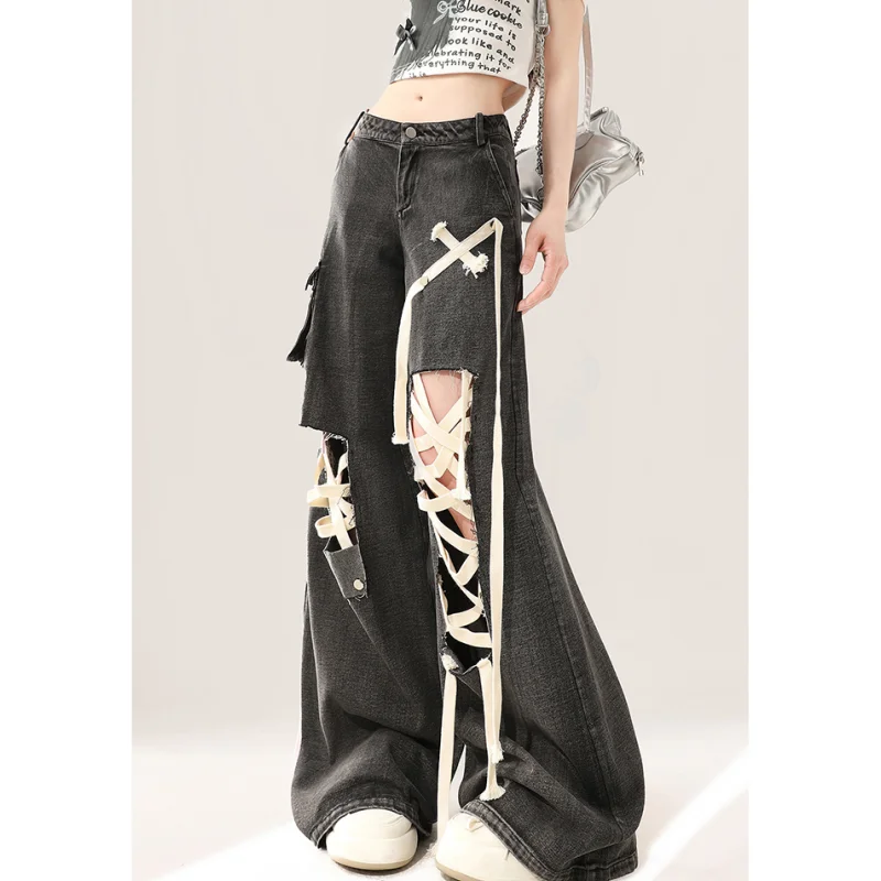 Black Womens Jeans Tie Straps High Waist Straight Baggy Denim Pants American Korean Fashion Y2K Female Wide Leg Denim Trouser