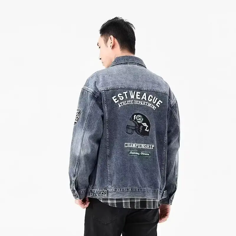 

Мужская джинсовая куртка с вышитыми буквами в стиле ретро, весенне-осенняя модная молодежная куртка из полиэстера с подставкой, верхняя одежда, пальто