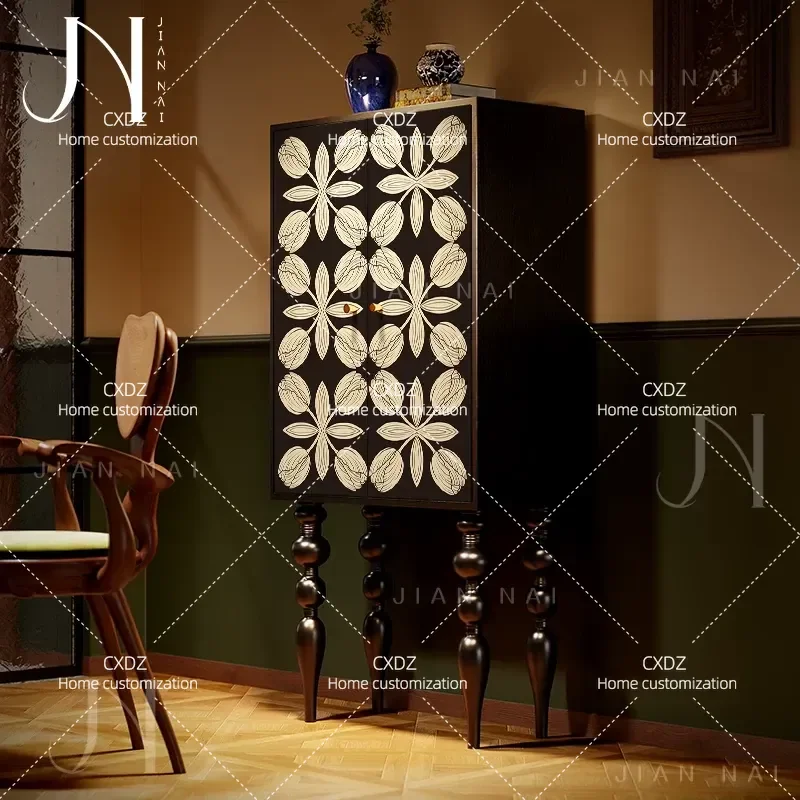 French Chinese style art pattern solid wood tall cabinet living room wall storage dining room locker entrance decorative