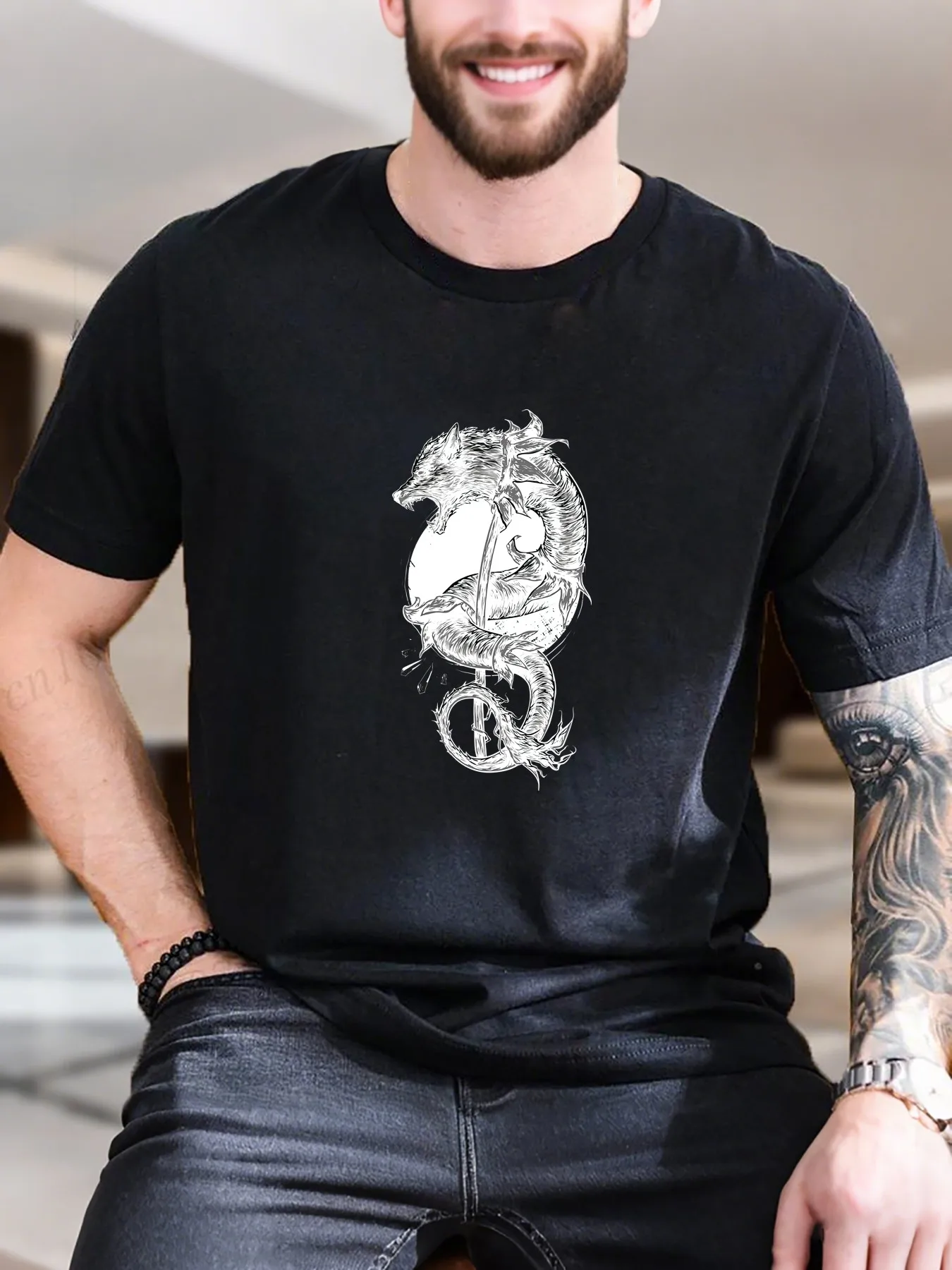 تي شيرت رجالي مطبوع عليه Dragon-Snake - تي شيرت مريح 100% قطن يسمح بمرور الهواء، قميص كاجوال عصري بتصميم فني باللونين الأسود والأبيض، P #1