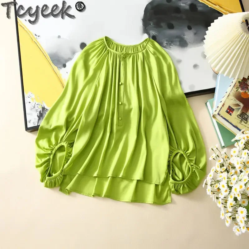 2024 Tcyeek Summer 90% Mulberry Silk Blouse Woman Loose Office Lady Top Women Clothing O-neck Blouses Blusas Femininas Elegantes