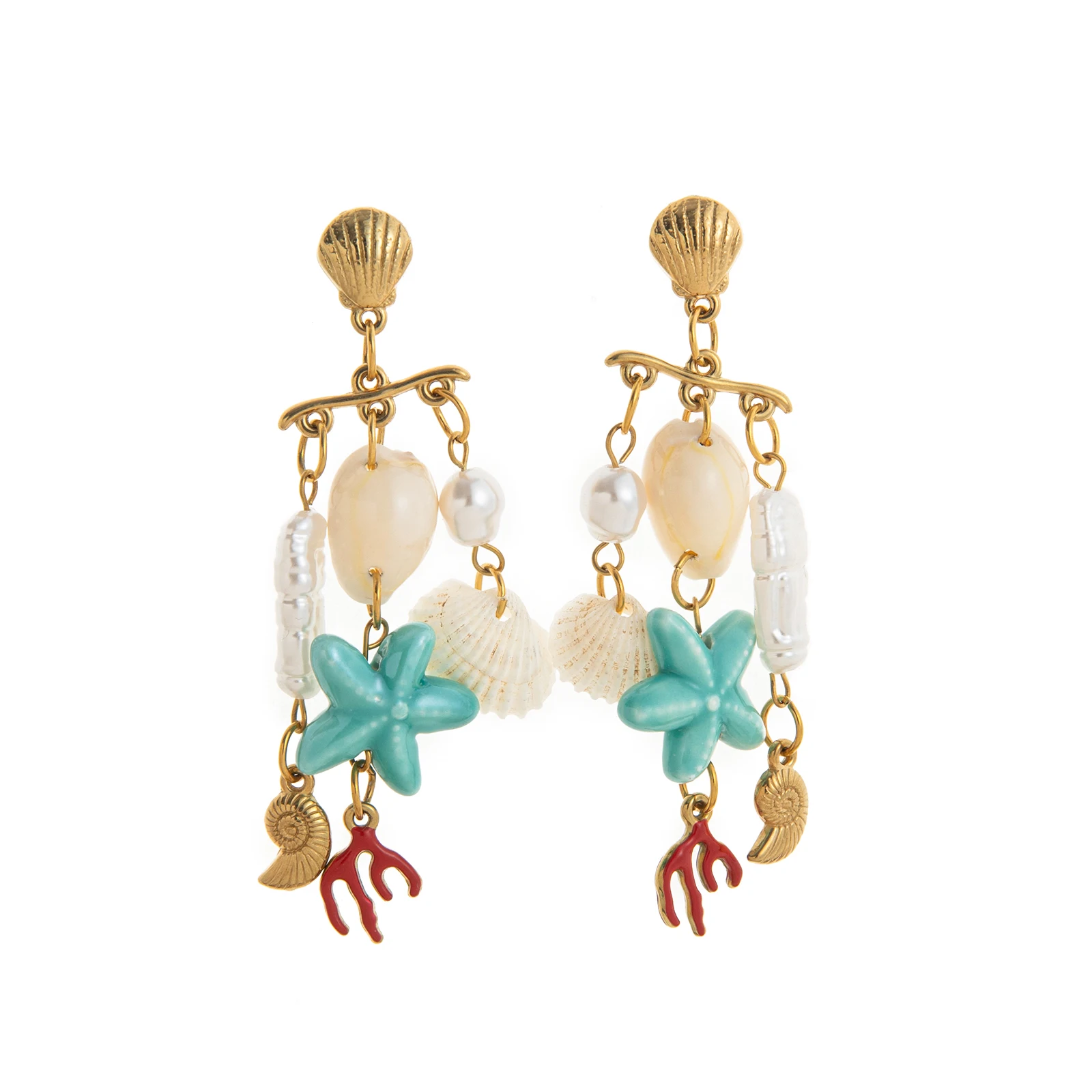 الفولاذ المقاوم للصدأ سلسلة المحيط محارة نجم البحر شل أقراط الأسماك الصغيرة أقراط مطلية بالذهب