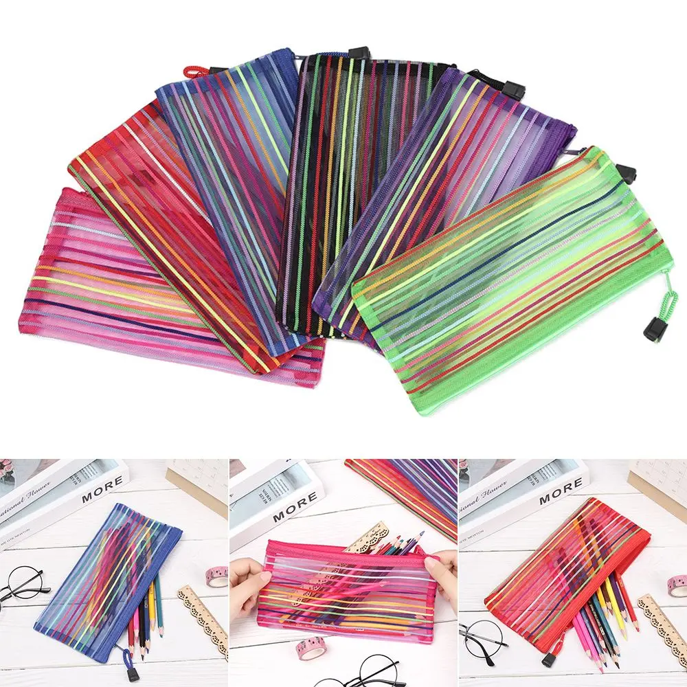 1pc Gifts Coin Purse Cosmetic Nylon Rainbow Color Makeup Mesh Pen Bag Zipper Pencil Case Grid Cosmetic Storage