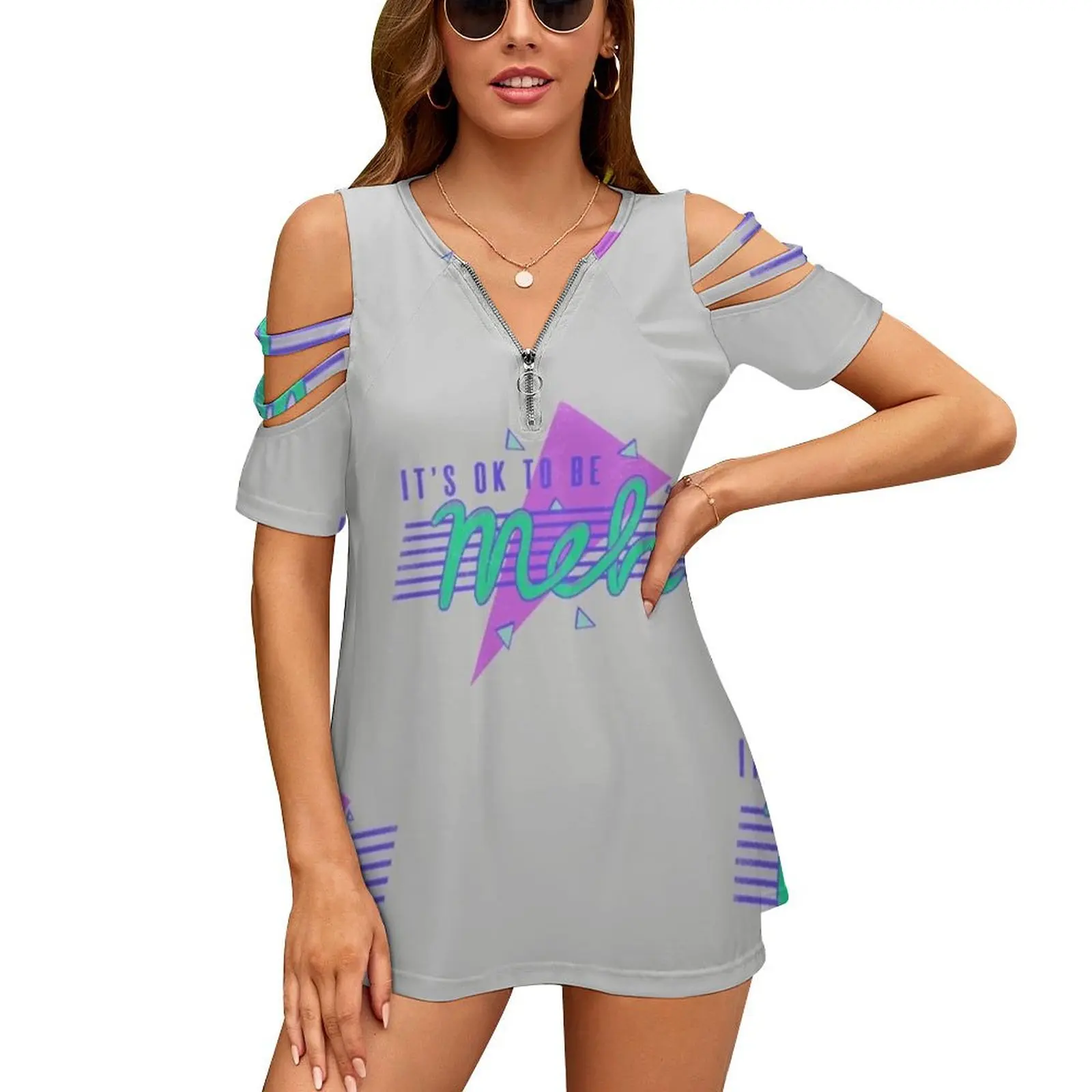 It'S Ok To Be Meh New Fashion Zip Off Shoulder Top Short-Sleeve Women Shirt Meh Lol 80S Retro Vintage Triangle Cool Awesome Rad