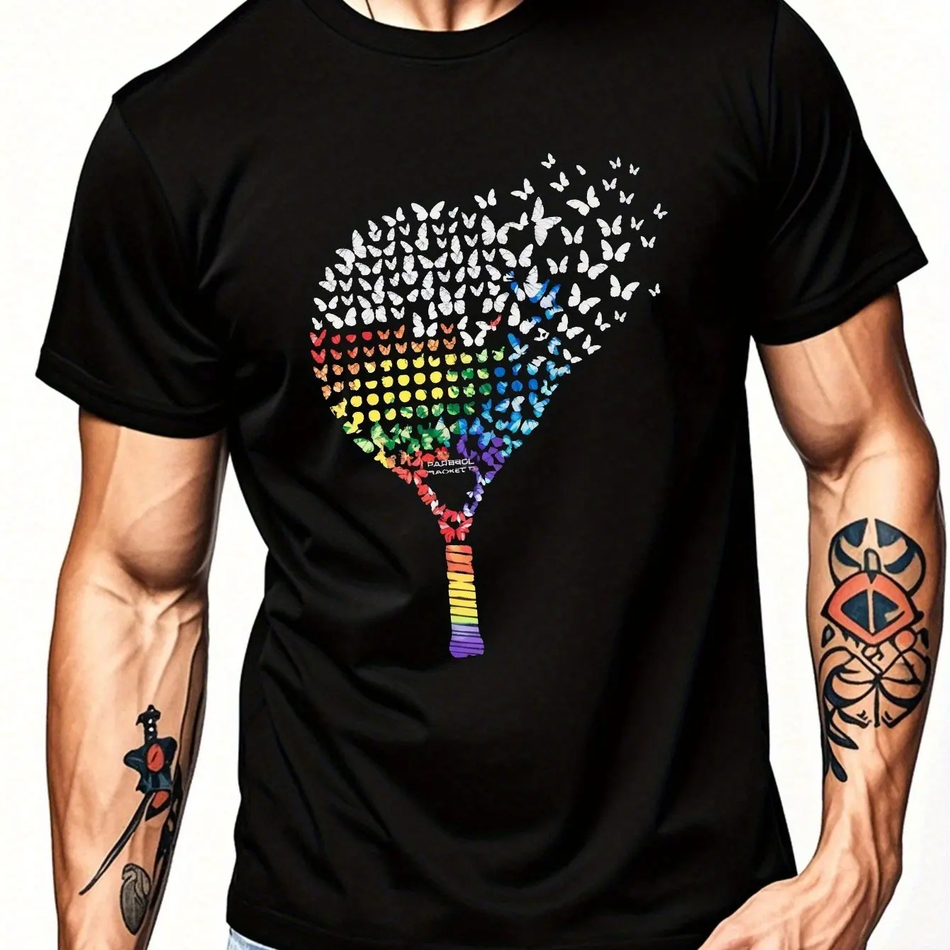 Men's Casual Black T-Shirt with Colorful Butterfly and Padel Racket Graphic Short Sleeve Men Clothing Comfortable