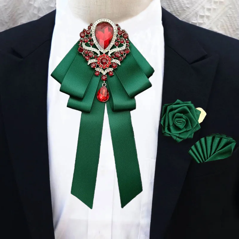 

Luxury Wedding Bow Tie Set Rhinestone Brooch Pocket Towel Men's Business Banquet Suit Shirt Accessories Collar Flowers Brooches
