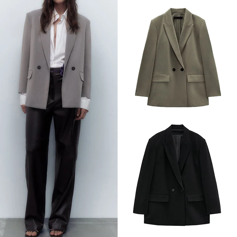 

Casual Loose Double-Breasted Women's Suit Jaet Versatile Slimming Outerwear Casual Sle Long Sve Pure Color Z