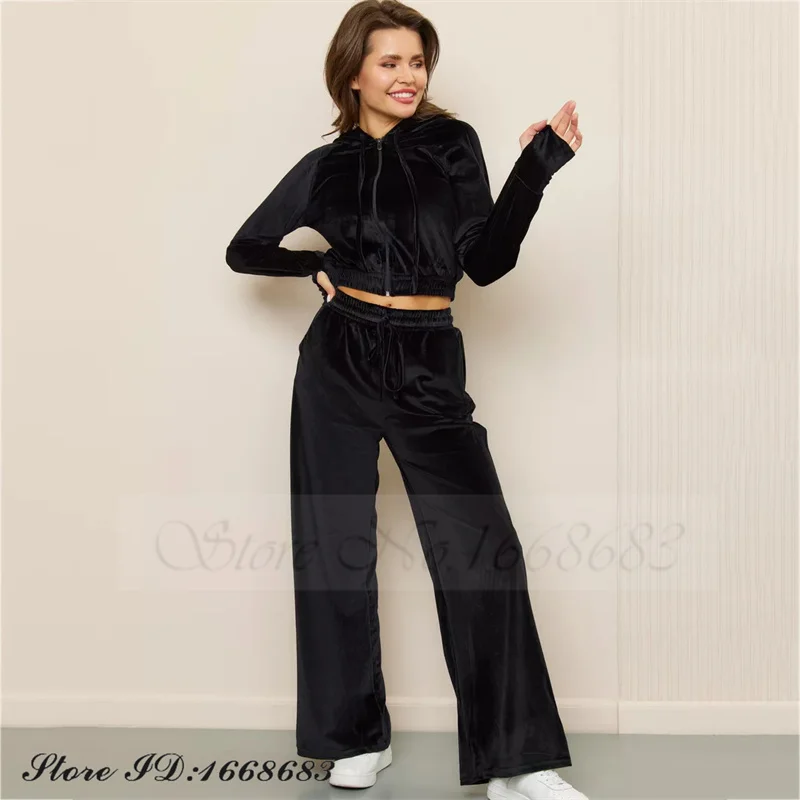 Autumn Winter Velvet Women 2PCS Pajamas Set Loungewear Fashion Casual Pijamas Trouser Suits Zipper Open Velour Hooded Homewear