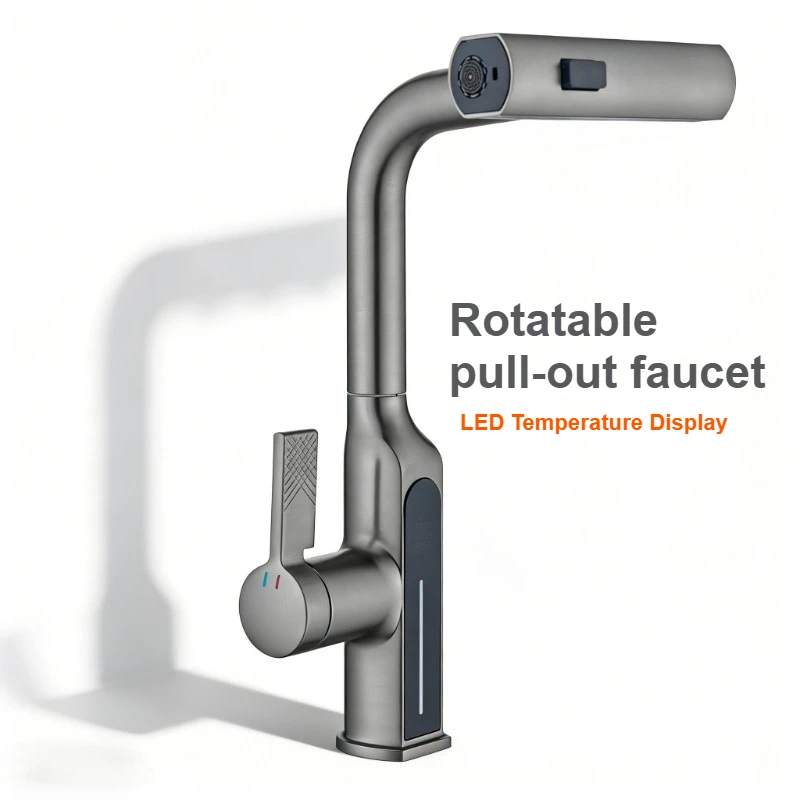 

Смеситель для кухни цвета оружейной стали с выдвижной лейкой, LED-дисплеем температуры, гидроприводом, несколькими режимами распыления, для горячей и холодной воды, с одной ручкой, для раковины