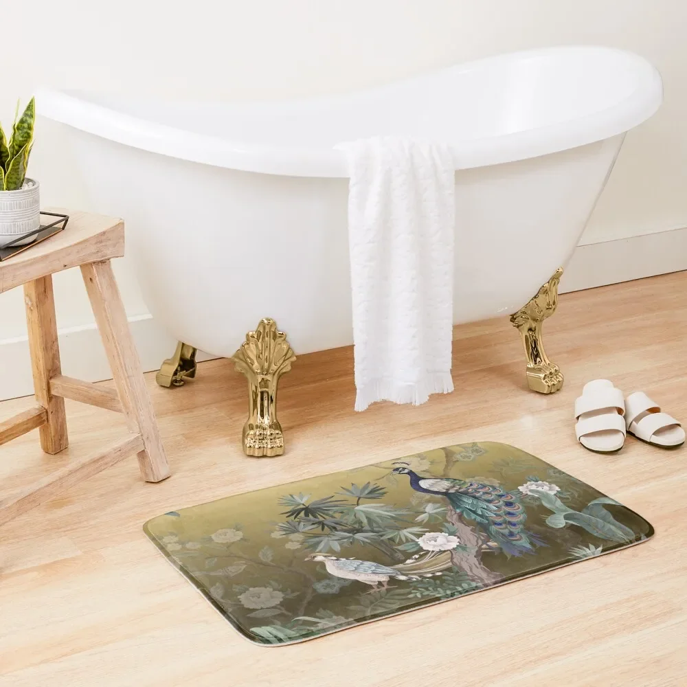 Fengshui Oriental Chinoiserie - Gold Leaf Garden with Peacock and Quail Bath Mat Living Room Rugs Toilet Carpet Mat