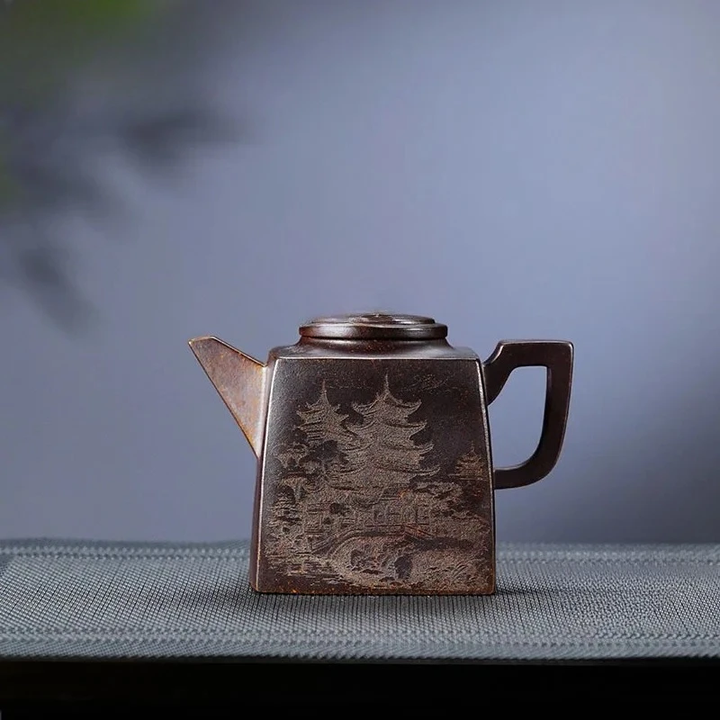 

270ml Yixing Purple Clay Teapots Handmade Square Pot Raw Ore Wood-fired Porcelain Mud Tea Soaking Kettle With Strainer Zisha
