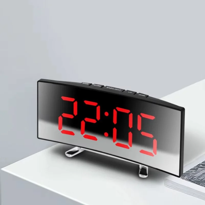 Creative Curved Electronic Clock LED Large Mirror Alarm Clock Silent Smart Desktop Clock Living Room Mirror Clock