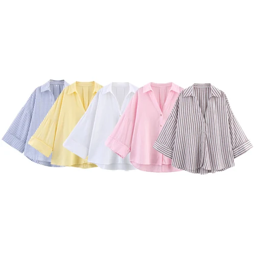 Imagen 2 del producto HXAO Camisa de mujer Blusa de gran tamaño Camisa y blusa de verano Camisa a rayas amarillo, rosa y blanco Camisas elegantes de manga larga de talla grande