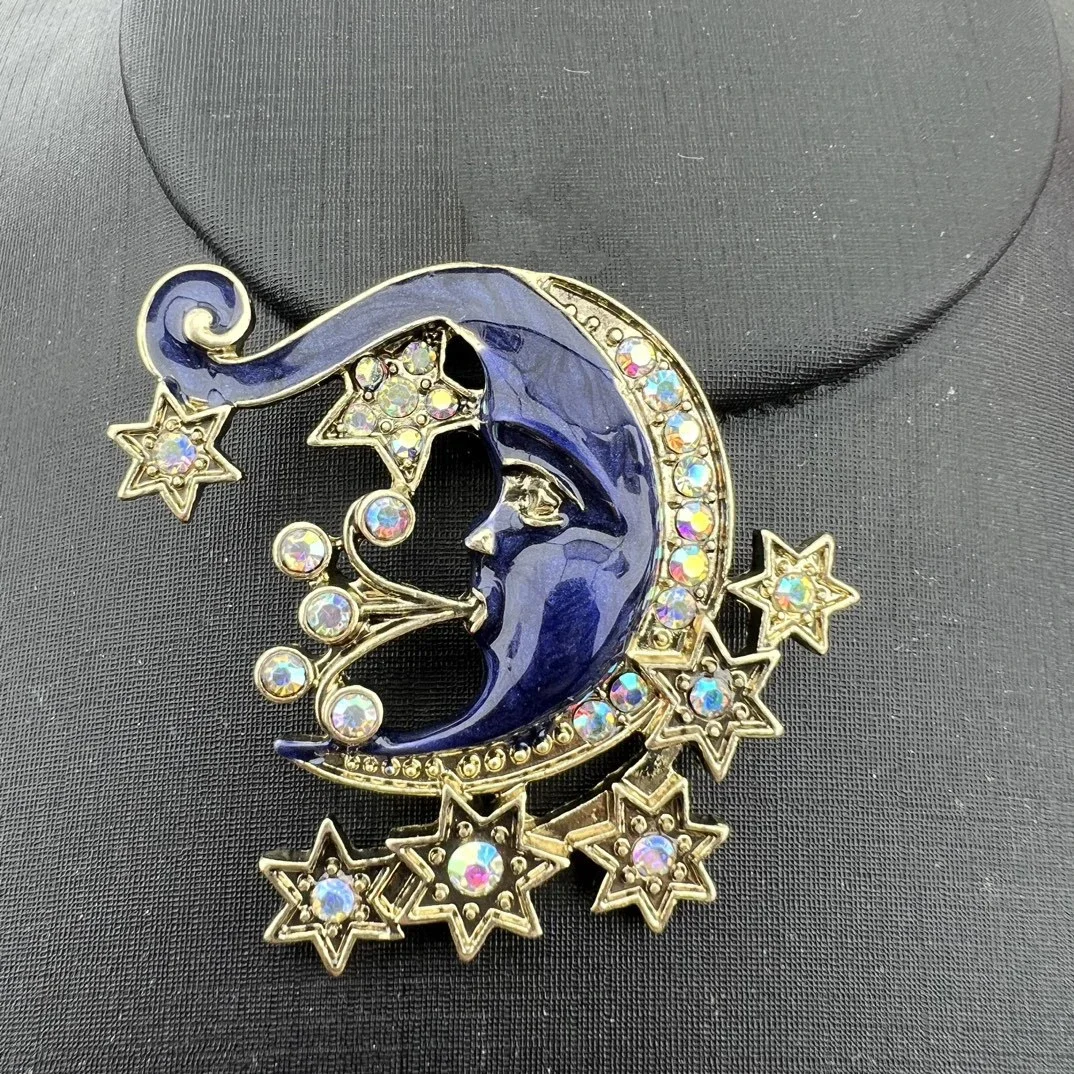 Vintage Dreamy Cute Delicate Heavy Blue Enamel Star Moon Brooch Large Size Luxury Jewelry Unisex Badges Retro Pins