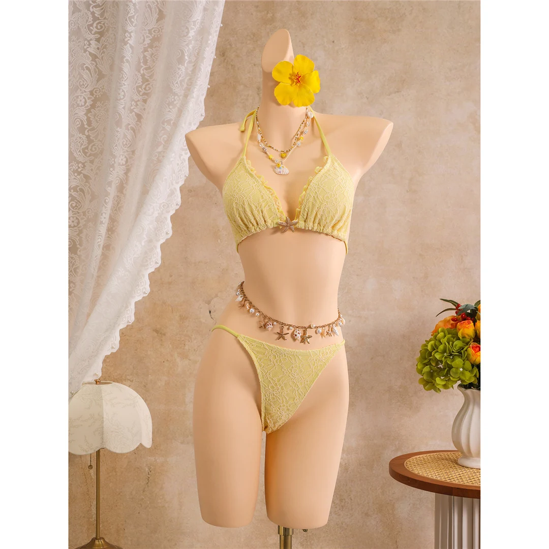 Mit Rüschenrock, Neckholder-Bikini, Damen-Badeanzug, dreiteiliges Bikini-Set, gepolsterter Badeanzug, Badebekleidung, Badeanzug V8400 – Detail 7
