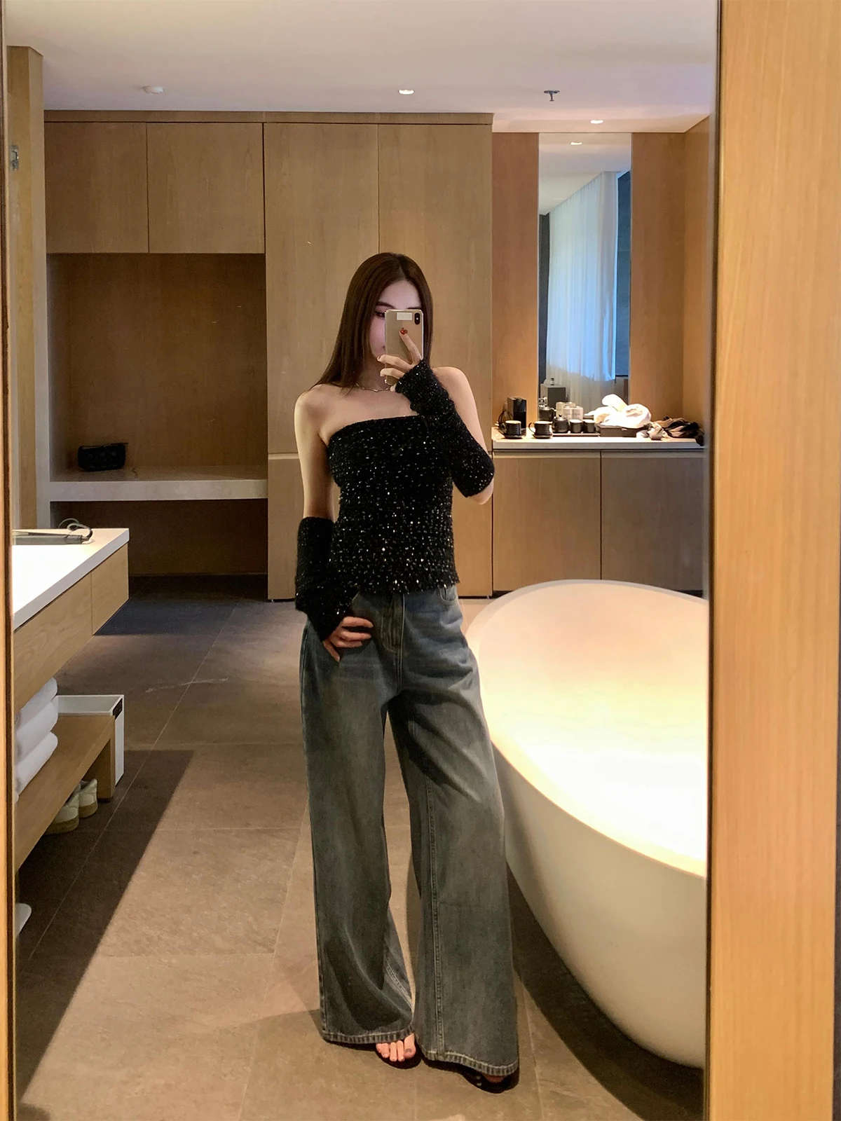 

Классические повседневные джинсы с высокой талией, широкими штанинами и прямым кроем, синие, универсальные, весенние, для женщин, удобные, из эластичного хлопкового денима