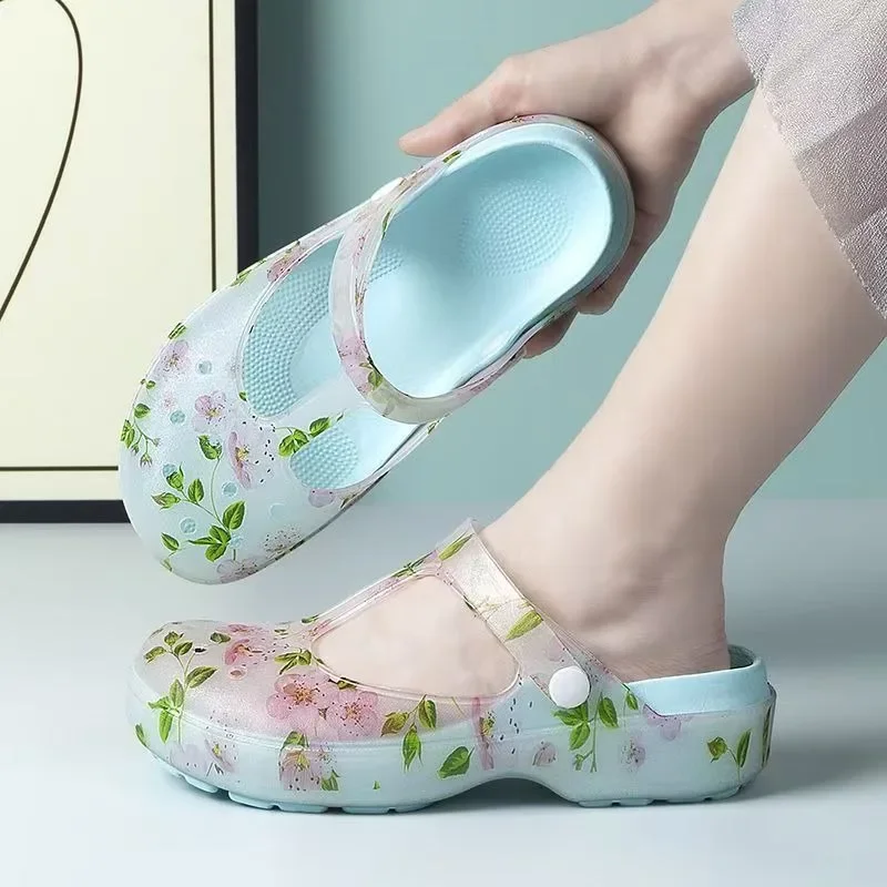 

Женские сандалии, новинка 2025, противоскользящая пляжная обувь на плоской подошве с узором персикового цвета, уличные рабочие тапочки Baotou на толстой подошве