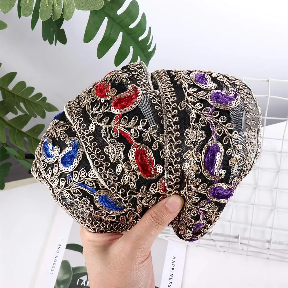 Gift Vintage Sequins Temperament Wide Edge Sweet Headdress Korean Style Headband Lace Embroidered Headband Female Hair Hoop