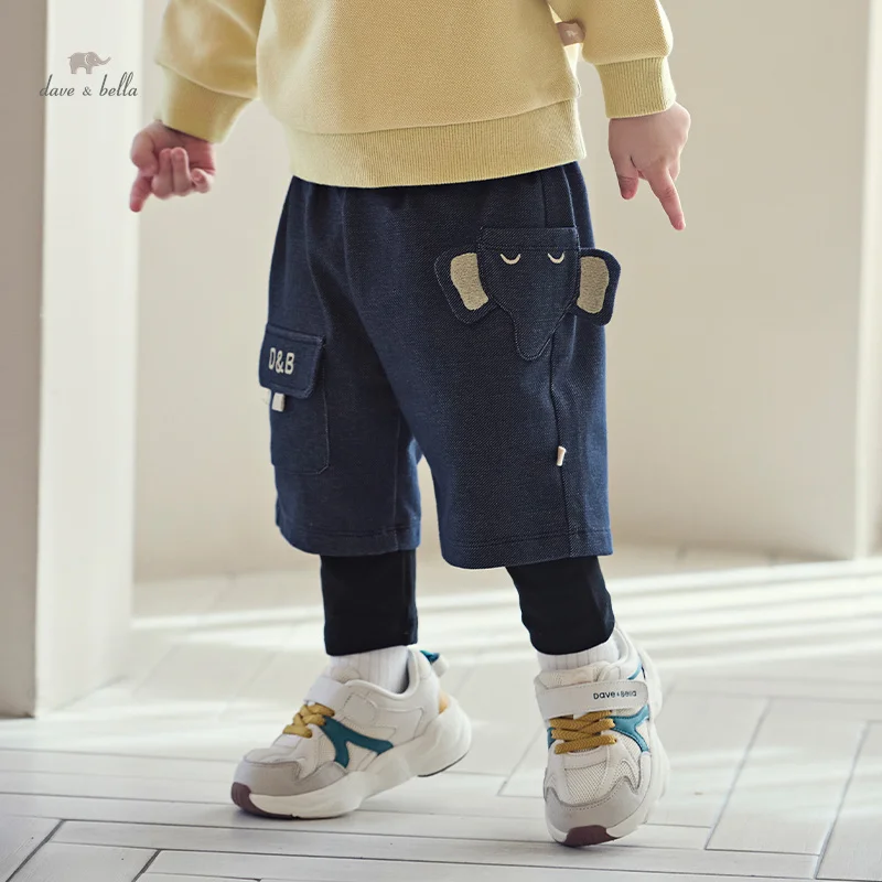 Dave Bella Denim Blue Kid Warm Pants Autumn Winter Children Sports Pants Boys Cotton Fake Two-piece Pants DB3241876