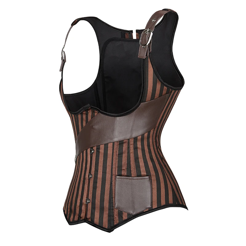 Brown Stripe Steel Boned Underbust Corset Vest Waist Trainer Bustier Corselet Basques Body Shapewear