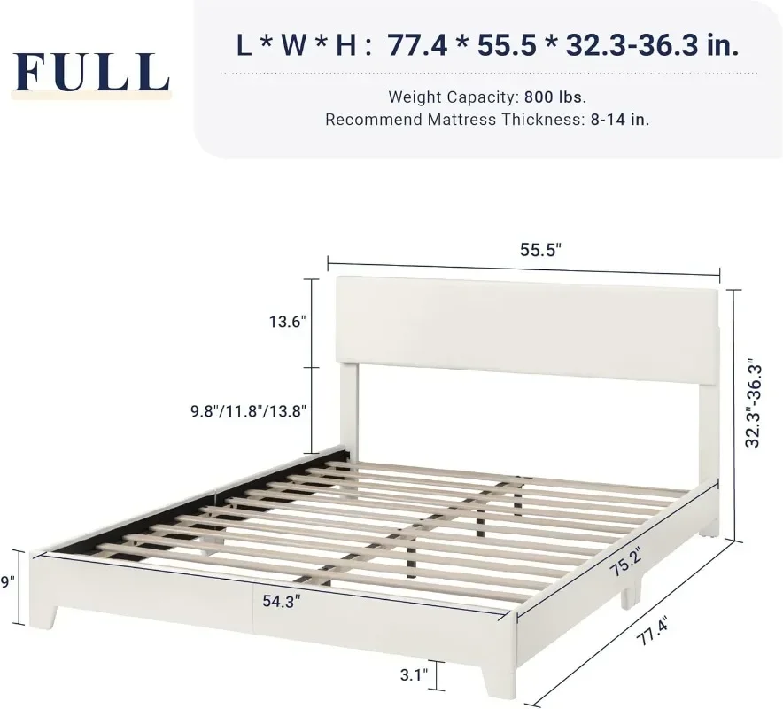 Bettgestell in voller Größe mit verstellbarem Kopfteil, Plattformbett aus Kunstleder mit Holzlatten, robuste Matratzenfundament