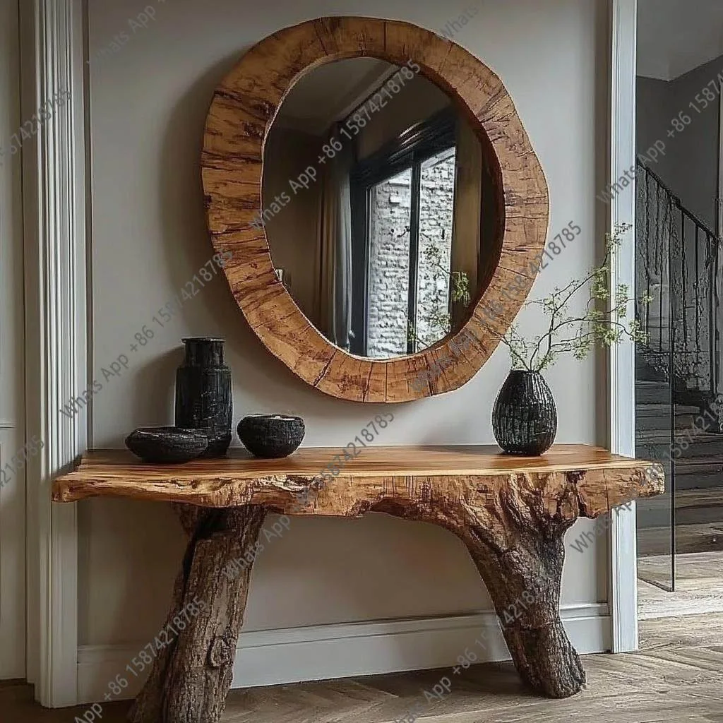 solid wood frame retro special-shaped bathroom mirror irregular round bathroom mirror wall-mounted makeup mirror