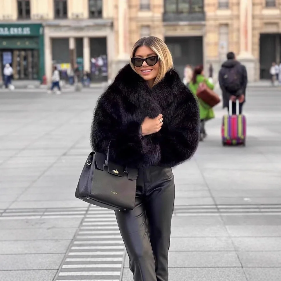 أزياء المرأة الشتاء تقليد الفراء سترة سوداء التلبيب طوق فضفاض سيدة الفراء الاصطناعي أبلى مزاجه الإناث معطف فرو المنك #2