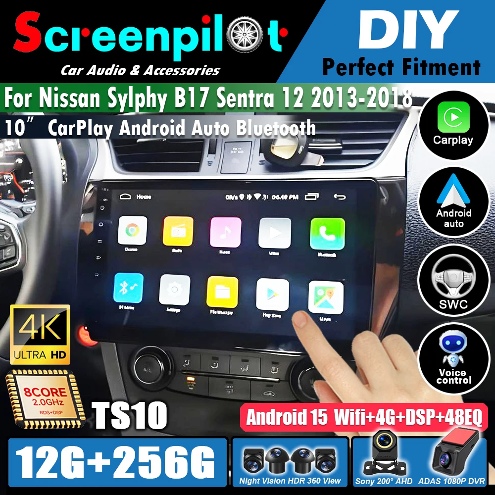 Radio Multimedia para Auto con Android 16 y Carplay, Unidad Principal con GPS para Nissan Sylphy B17 Sentra 12 2013 2014-2017 2018