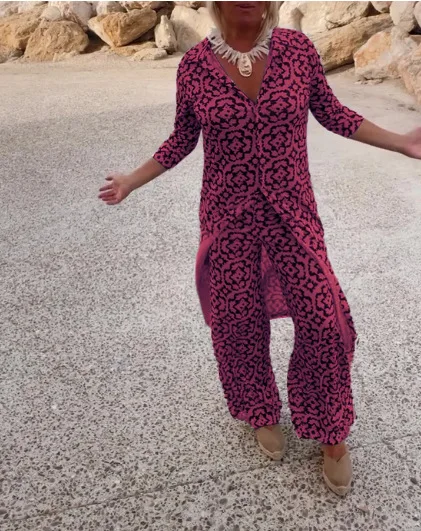 Primavera Estate Nuovo set da 2 pezzi per donna Modello casual stampato Abito bohémien Lady risvolto Camicia a mezza manica Abito con pantaloni lunghi