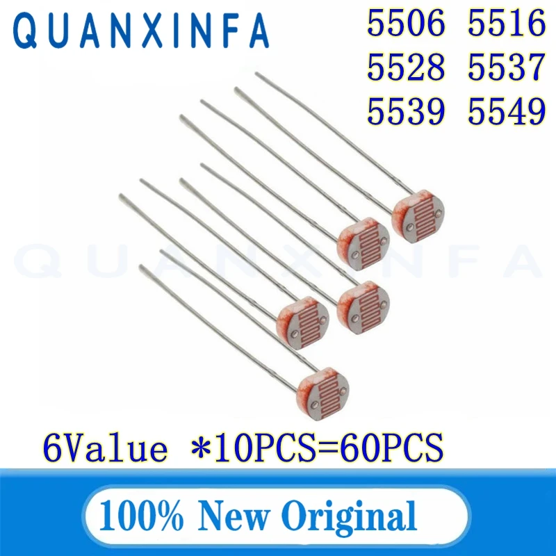 60PCS 6Value *10PCS 5mm GL5506 GL5528 GL5537 GL5539 GL5506 GL5549 Photo Light Sensitive Resistor Photoresistor Kit 5516 5528 553