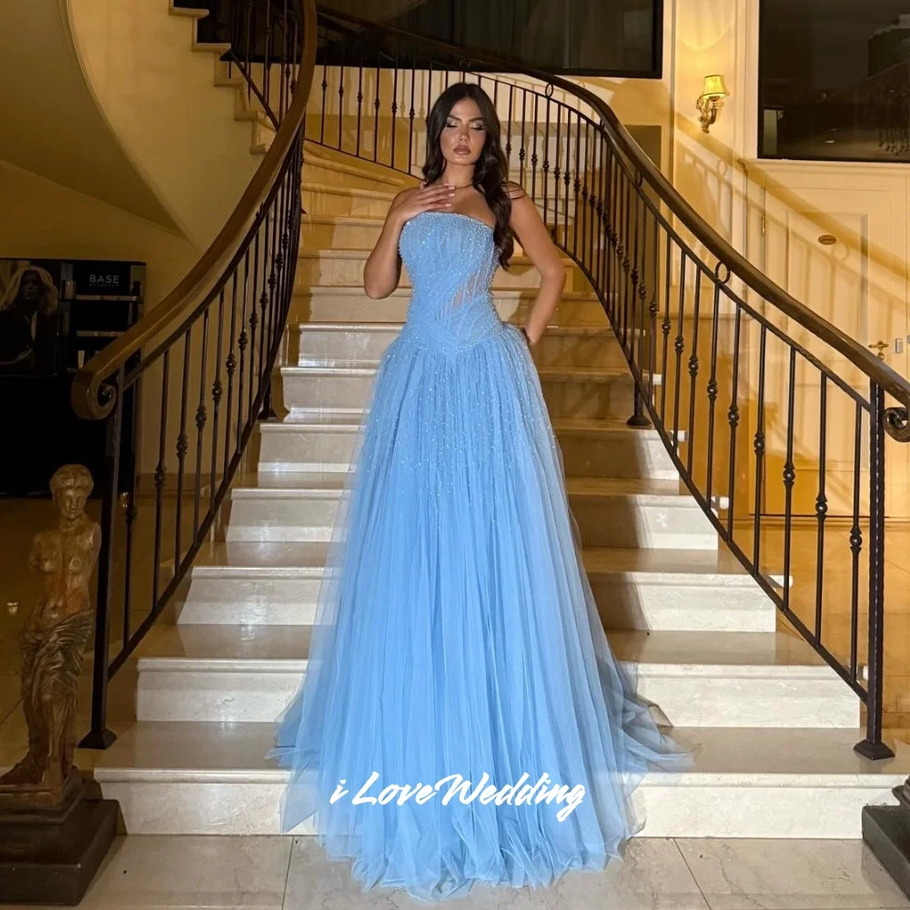 

Синее вечернее платье без бретелек, расшитое бисером, А-силуэта, из тюля, без рукавов, с открытой спиной, для выпускного вечера/свадебной вечеринки, высококачественное, в пол, плиссированное, на заказ