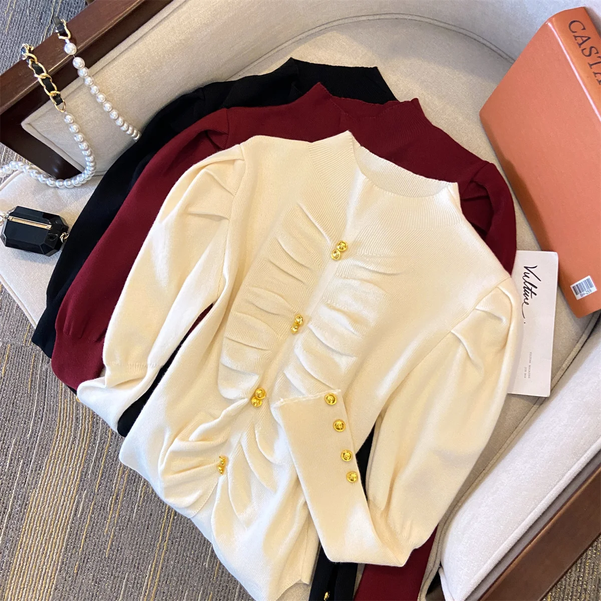 2024 Autumn Stylish Elegant Knit Sweater Tops Puff Sleeve Half High Collar Knitwear Slim Fit Fashion Chic Solid Ladies Jumpers