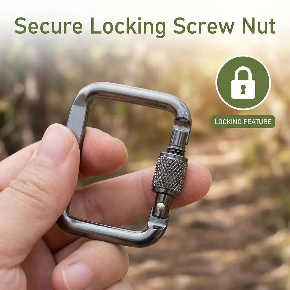 3pcs Durable Square Carabiner Flattened Buckle with Thread Portable Outdoor Camping Hiking Keychain Black&Grey Snap Clip Hook