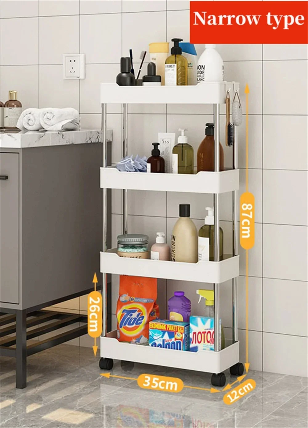 1pc 3/4 Tier Rolling Storage Cart High Capacity Storage Shelf Movable Gap Storage Rack Kitchen Bathroom And Livingroom Organizer image 2