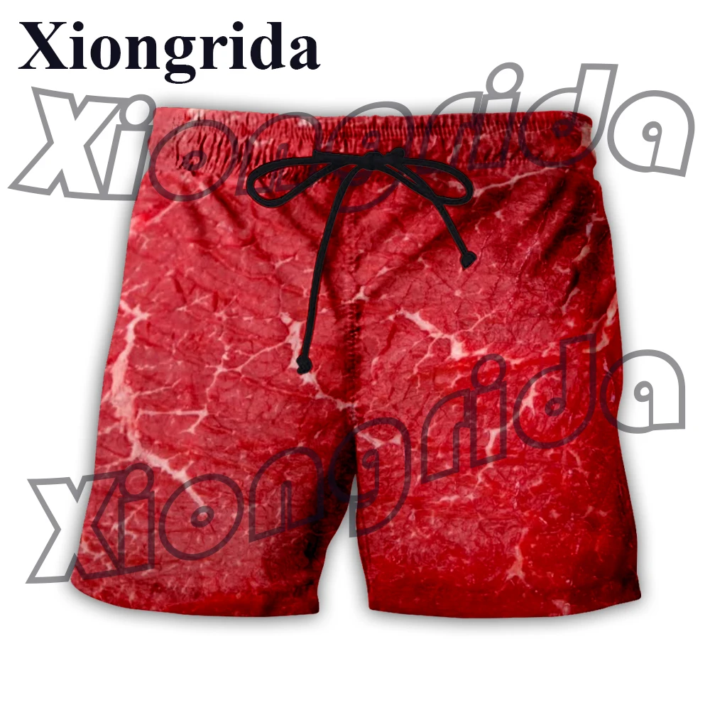 Pantalones cortos divertidos con estampado de carne para hombre, bañadores de cintura elástica con estampado 3D de cerdo crudo, pantalones cortos de