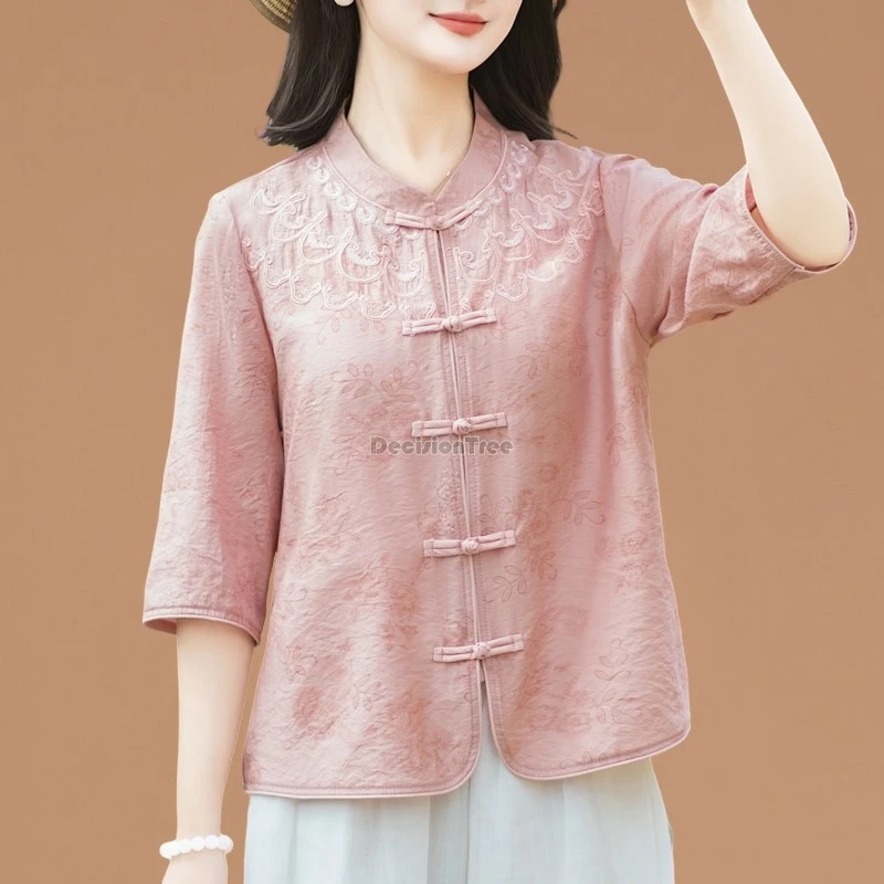 2025 new summer women's shirt buckle shirt top female chinese style casual top women's breathable embroidered tang suit tops