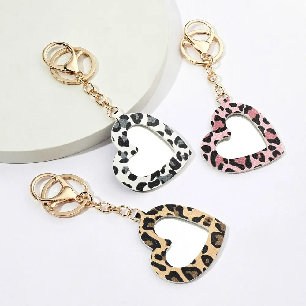 

Leopard print Car Key Chain Pendant Creative Exquisite Small mirror keychain Key Holder PU leather keychain Car Interior Decor