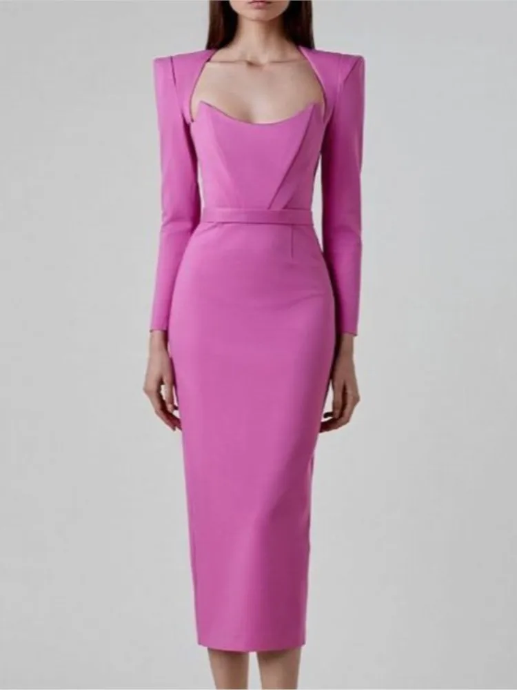 Vestido bandagem temperamento elegante rosa brilhante, almofada de ombro elegante, cintura baixa sexy corte, 4 cores