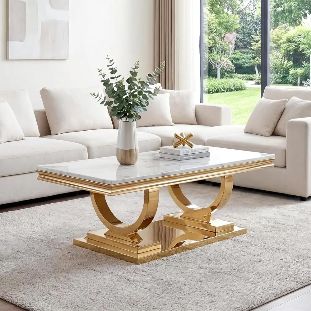 

47 White Marble Rectangular Cocktail Table with Mirrored Finish and Double O-Shape Stainless Steel Base
